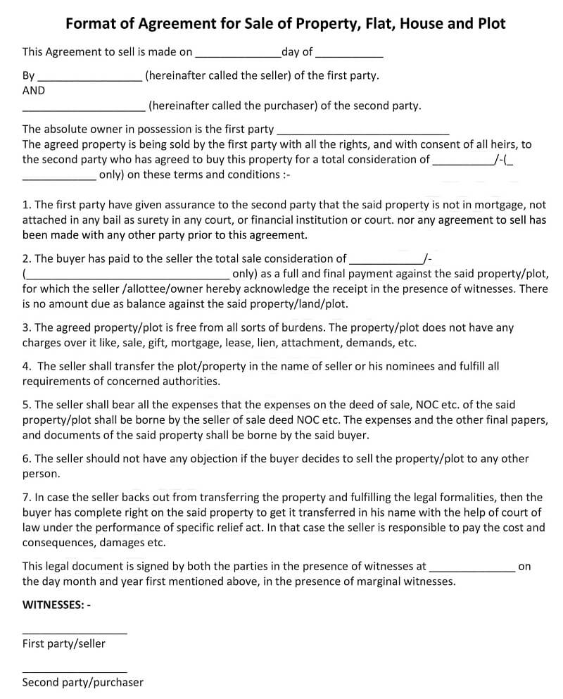 Sample Format Of Agreement For Sale Of Property Flat House And Plot 